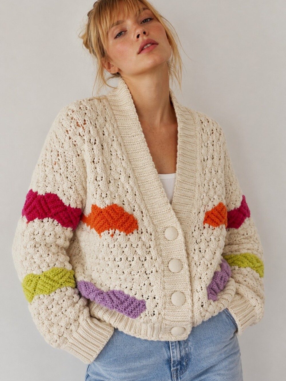 Zara Chunky Knit Colorblock Cardigan Cream Multicolor Size Medium
